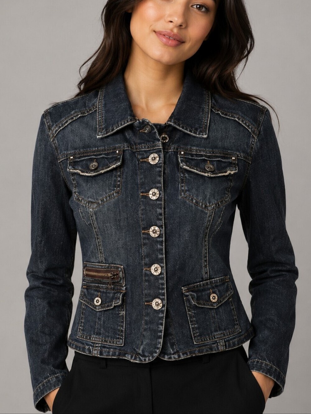 H&G Cropped Denim Western Cowgirl Distressed Jean Jacket